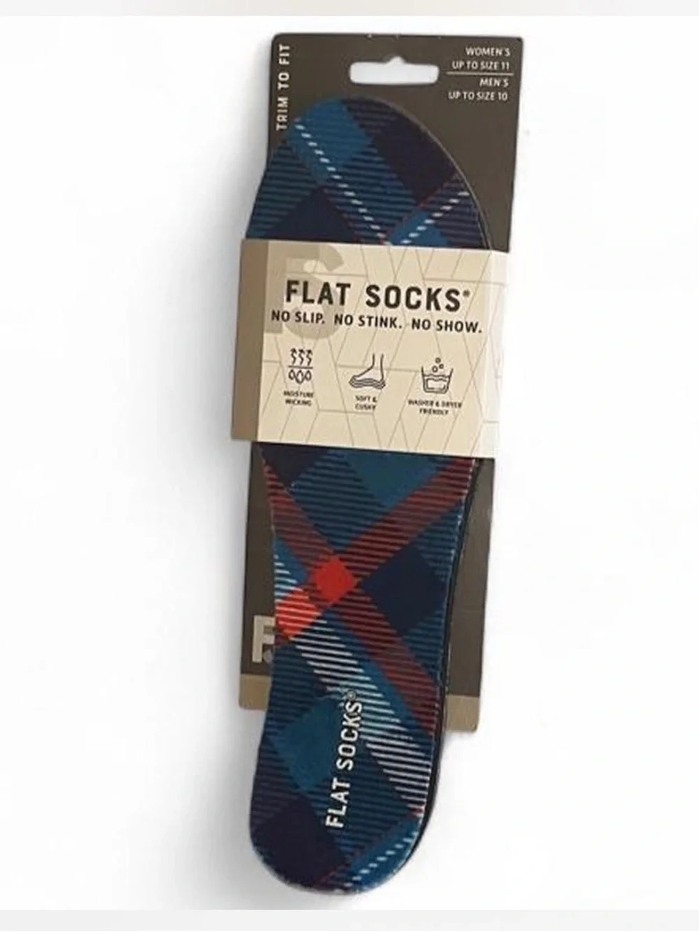 Flat Socks No-Show Plaid Liner inserts- Blue/Red